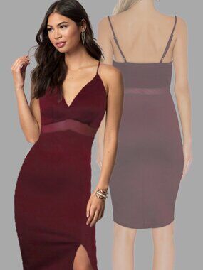 Charlotte Russe Burgundy Bodycon Midi dress with a mesh insert Size S